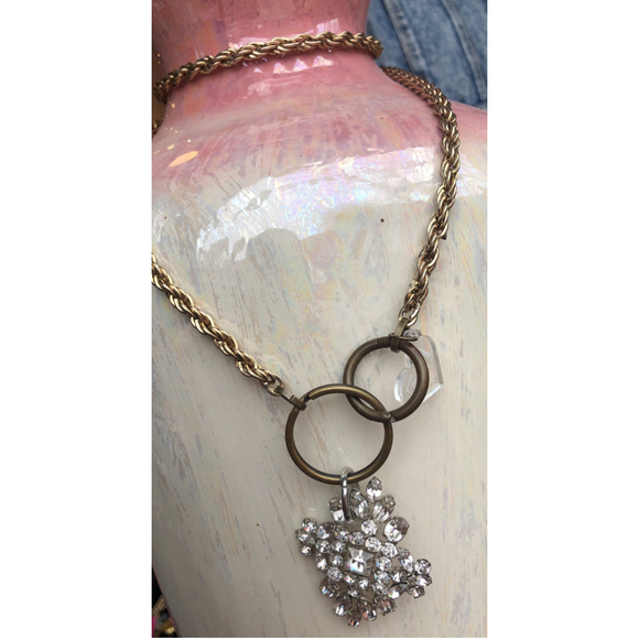 Long Gold Rope Chain with Chunky Rhinestone Pendant - Picture 1 of 2